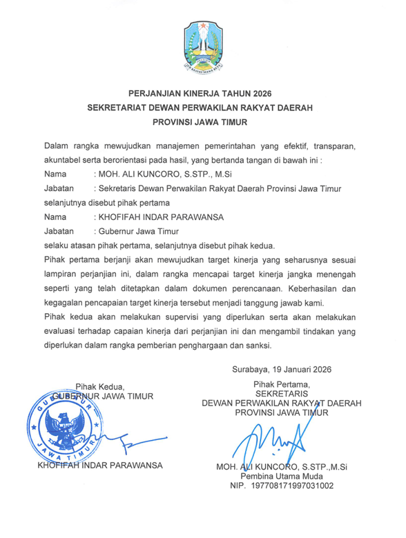 Perjanjian KInerja Sekretariat DPRD Provinsi Jawa Timur Tahun 2026