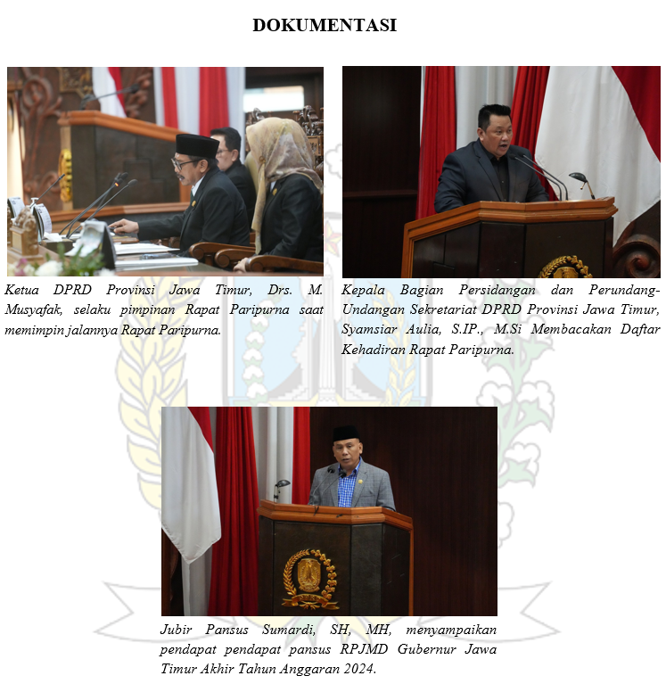 RAPAT PARIPURNA PENDAPAT PANITIA KHUSUS PEMBAHAS LAPORAN KETERANGAN PERTANGGUNGJAWABAN (LKPJ) GUBERNUR JAWA TIMUR AKHIR TAHUN ANGGARAN 2024