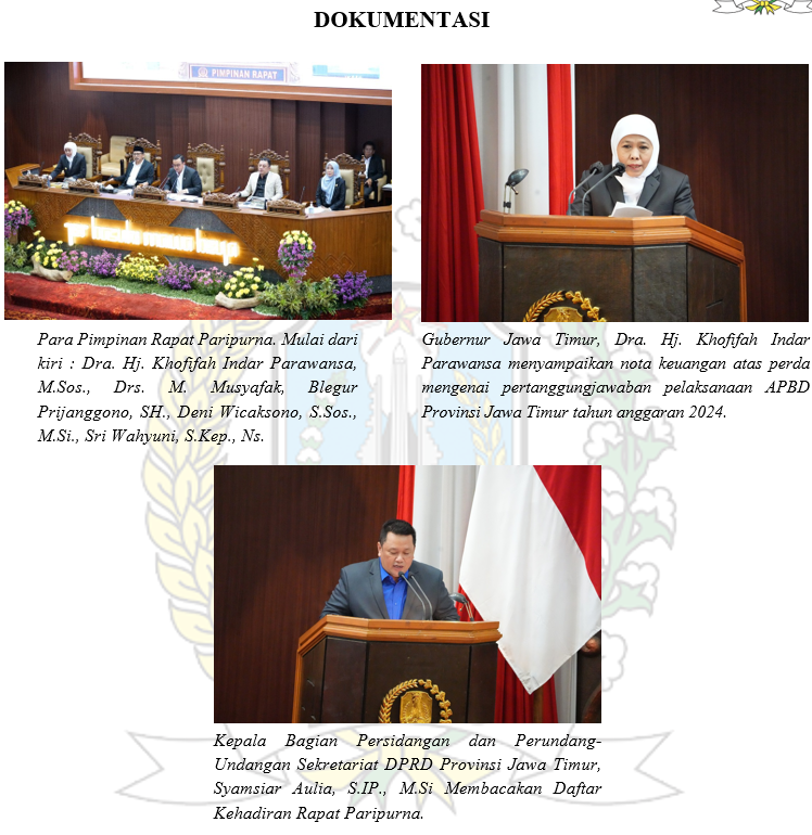 RAPAT PARIPURNA PENYAMPAIAN NOTA KEUANGAN OLEH GUBERNUR ATAS RANCANGAN PERDA TENTANG PERTANGGUNGJAWABAN PELAKSANAAN APBD PROVINSI JAWA TIMUR TAHUN ANGGARAN 2024