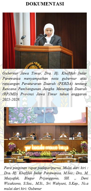 RAPAT PARIPURNA PENYAMPAIAN NOTA PENJELASAN GUBERNUR ATAS RANCANGAN PERDA TENTANG RENCANA PEMBANGUNAN JANGKA MENENGAH DAERAH (RPJMD) PROVINSI JAWA TIMUR TAHUN 2025-2029