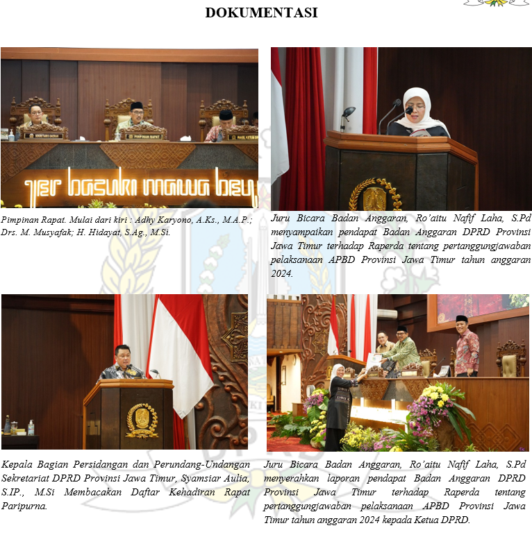 RAPAT PARIPURNA PENDAPAT BADAN ANGGARAN DPRD PROVINSI JAWA TIMUR TERHADAP RAPERDA TENTANG PERTANGGUNGJAWABAN PELAKSANAAN APBD PROVINSI JAWA TIMUR TAHUN ANGGARAN 2024