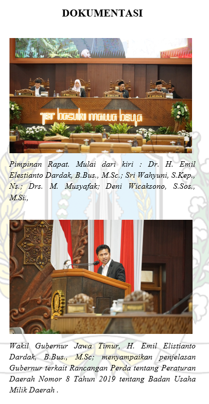 RAPAT PARIPURNA PENYAMPAIAN NOTA PENJELASAN GUBERNUR TERKAIT RANCANGAN PERDA TENTANG PERUBAHAN ATAS PERATURAN DAERAH NOMOR 8 TAHUN 2019 TENTANG BADAN USAHA MILIK DAERAH