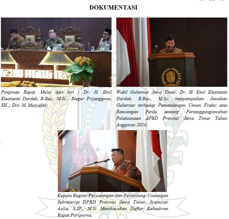 RAPAT PARIPURNA PENYAMPAIAN JAWABAN GUBERNUR TERHADAP PEMANDANGAN UMUM FRAKSI ATAS RANCANGAN PERDA TENTANG PERTANGGUNGJAWABAN PELAKSANAAN APBD PROVINSI JAWA TIMUR TAHUN ANGGARAN 2024