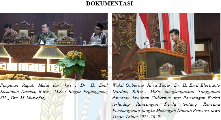 RAPAT PARIPURNA PENYAMPAIAN TANGGAPAN DAN/ATAU JAWABAN GUBERNUR ATAS PANDANGAN FRAKSI TERHADAP RANCANGAN PERDA TENTANG RENCANA PEMBANGUNAN JANGKA MENENGAH DAERAH PROVINSI JAWA TIMUR TAHUN 2025-2029