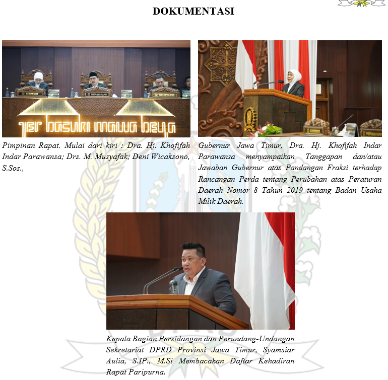 RAPAT PARIPURNA PENYAMPAIAN TANGGAPAN DAN/ATAU JAWABAN GUBERNUR ATAS PANDANGAN FRAKSI TERHADAP RANCANGAN PERDA TENTANG PERUBAHAN ATAS PERATURAN DAERAH NOMOR 8 TAHUN 2019 TENTANG BADAN USAHA MILIK DAERAH