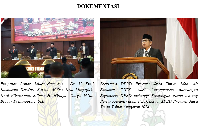 RAPAT PARIPURNA PENGAMBILAN KEPUTUSAN DPRD TERHADAP RANCANGAN PERDA TENTANG PERTANGGUNGJAWABAN PELAKSANAAN APBD PROVINSI JAWA TIMUR TAHUN ANGGARAN 2024
