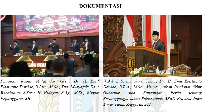 RAPAT PARIPURNA PENDAPAT AKHIR GUBERNUR ATAS RANCANGAN PERDA TENTANG PERTANGGUNGJAWABAN PELAKSANAAN APBD PROVINSI JAWA TIMUR TAHUN ANGGARAN 2024