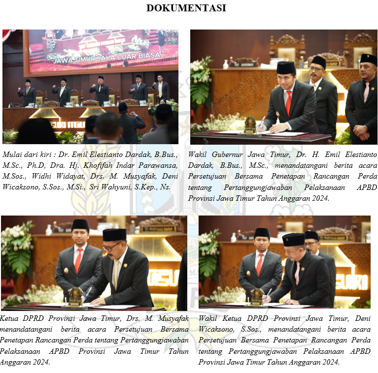 RAPAT PARIPURNA PERSETUJUAN BERSAMA ANTARA DPRD DAN GUBERNUR ATAS RANCANGAN PERDA TENTANG PERTANGGUNGJAWABAN PELAKSANAAN APBD PROVINSI JAWA TIMUR TAHUN ANGGARAN 2024
