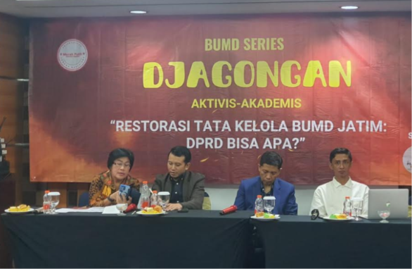 Ketua Komisi C DPRD Jawa Timur, Adam Rusydi, menjadi narasumber dalam diskusi mengenai restorasi tata kelola BUMD Jawa Timur di Surabaya, Kamis (25/06/2026).
